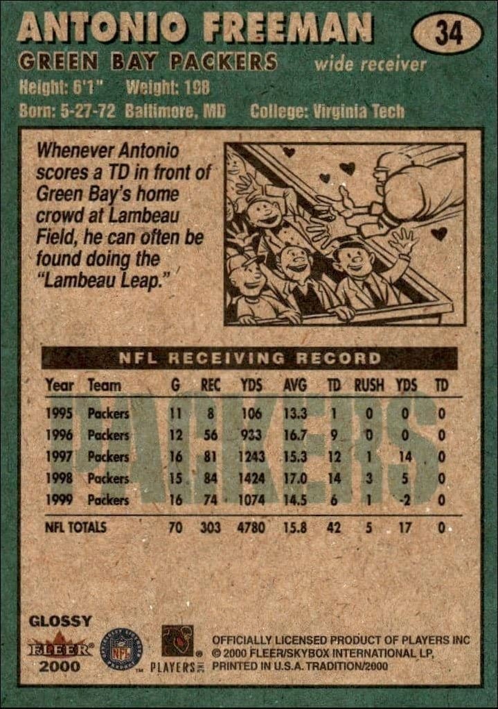 2000 Fleer Tradition Glossy Antonio Freeman #34 football trading card back