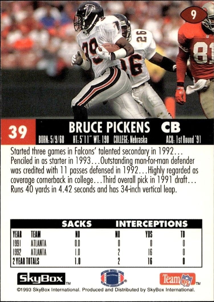 1993 Skybox Impact Bruce Pickens #9 football trading card back