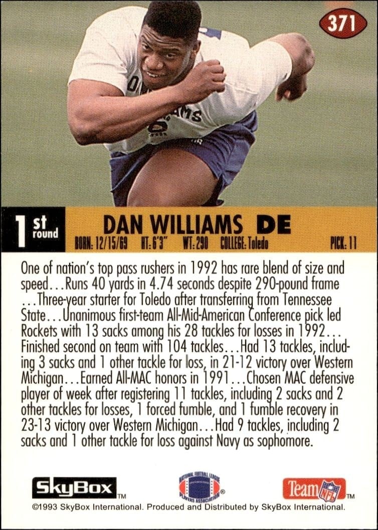 1993 Skybox Impact Dan Williams #371 football trading card back
