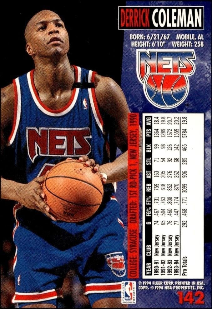1994-95 Fleer Derrick Coleman #142 basketball trading card back