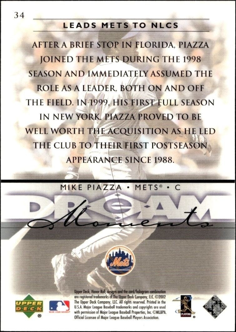 2002 Upper Deck Honor Roll Mike Piazza #34 baseball trading card back