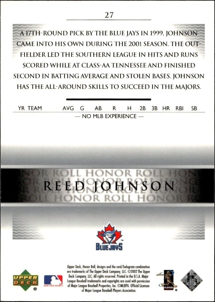 2002 Upper Deck Honor Roll Reed Johnson #27 baseball trading card back