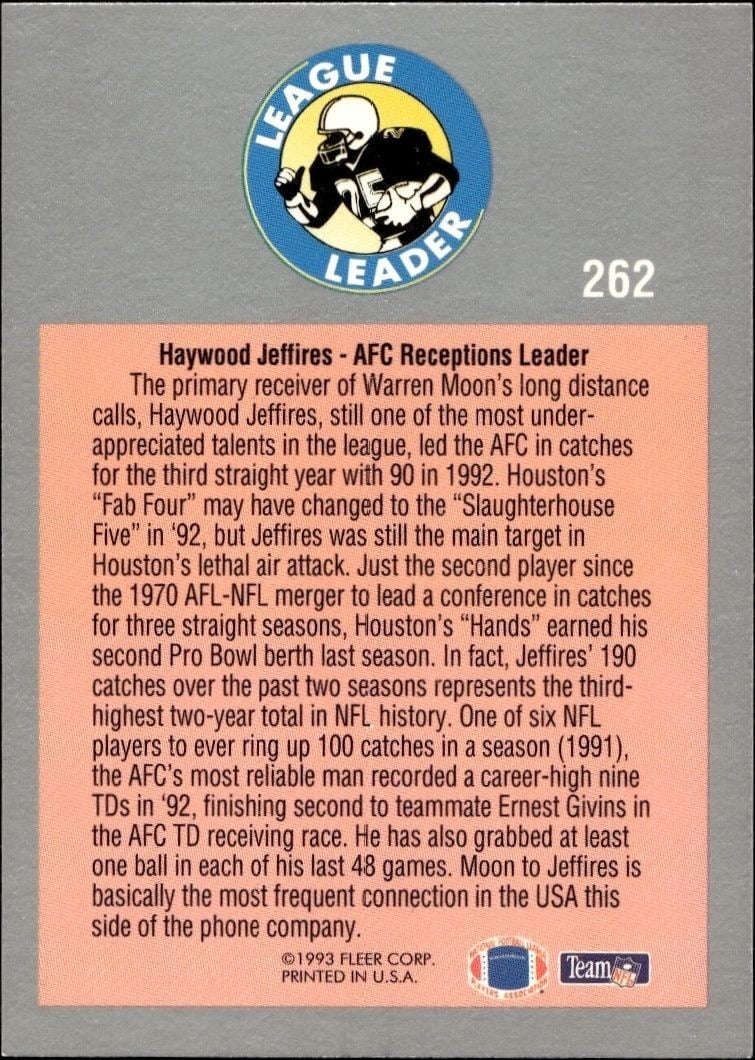 1993 Fleer Haywood Jeffires #262 football trading card back