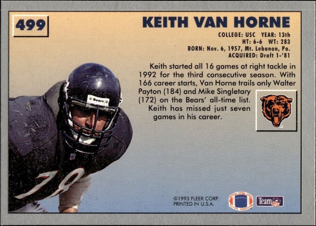 1993 Fleer Keith Van Horne #499 football trading card back