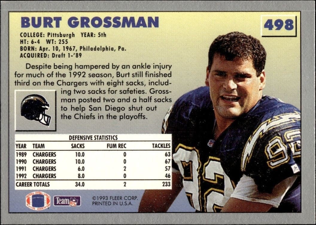 1993 Fleer Burt Grossman #498 football trading card back