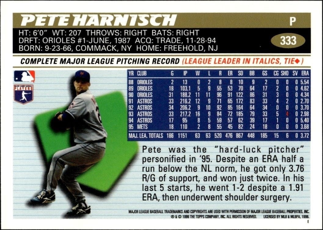 1996 Topps Pete Harnisch #333 baseball trading card back