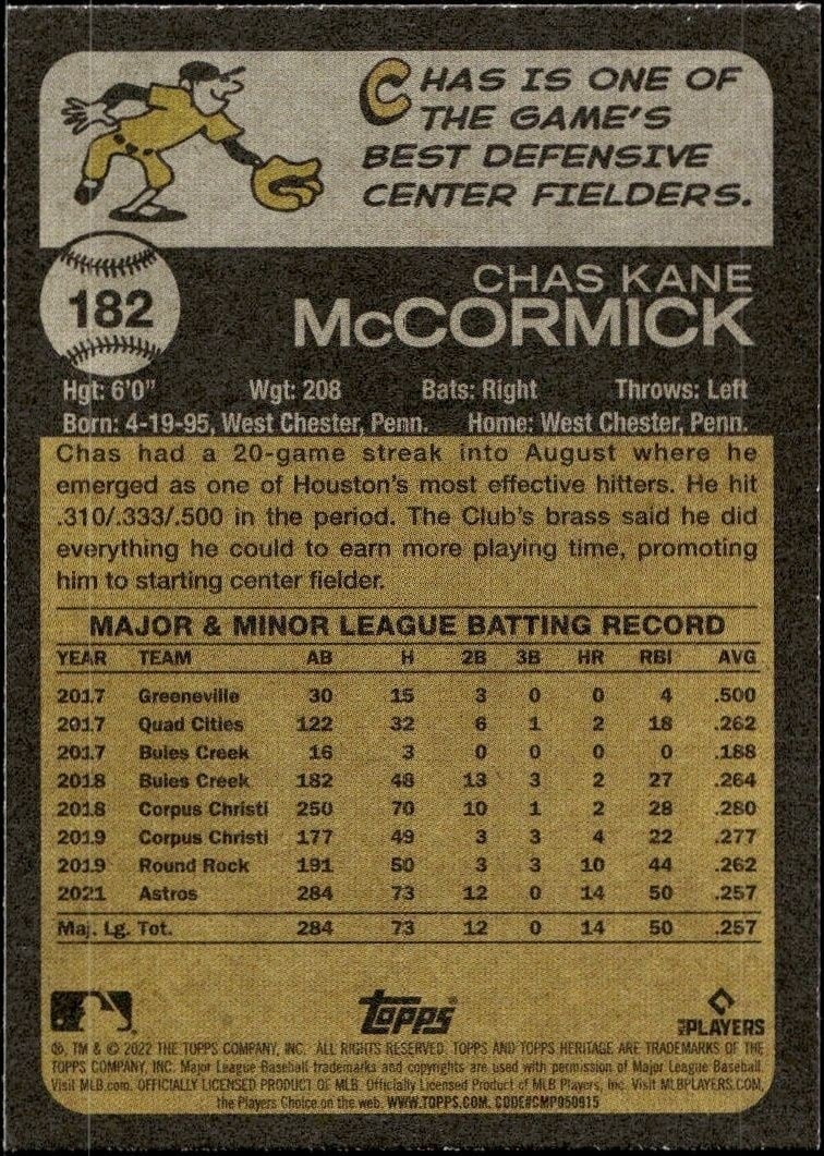 2022 Topps Heritage Chas McCormick #182 baseball trading card back