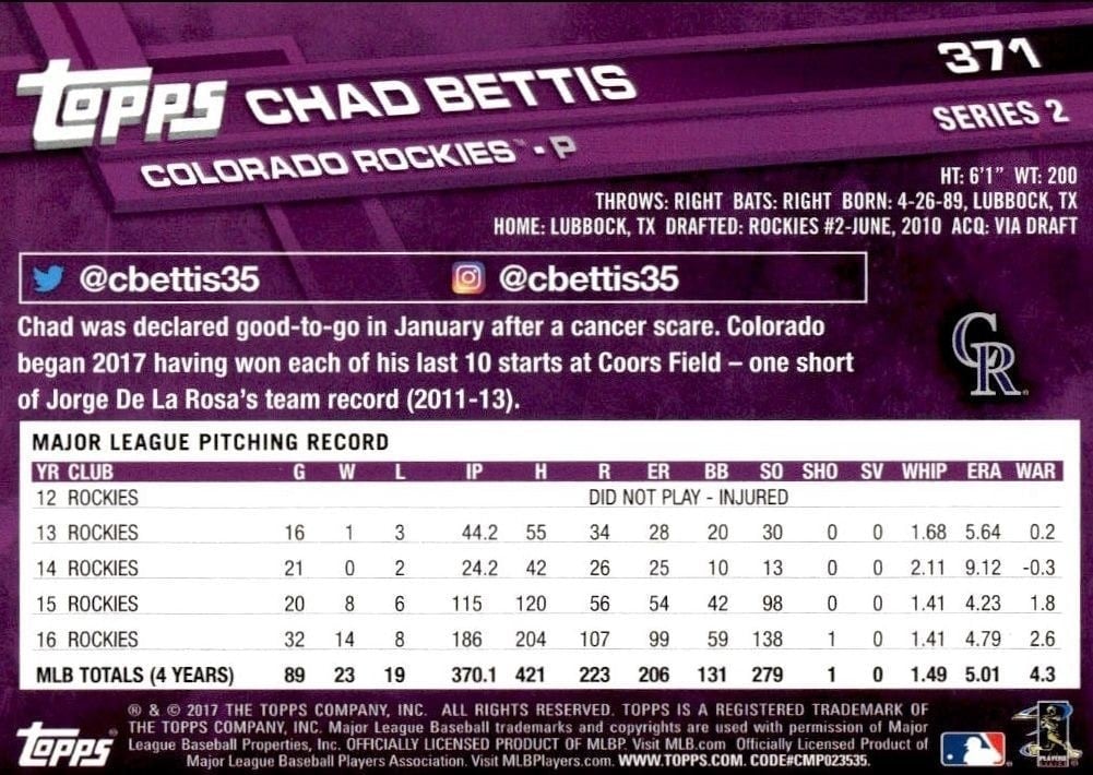 2017 Topps Series 2 Chad Bettis #371 baseball trading card back