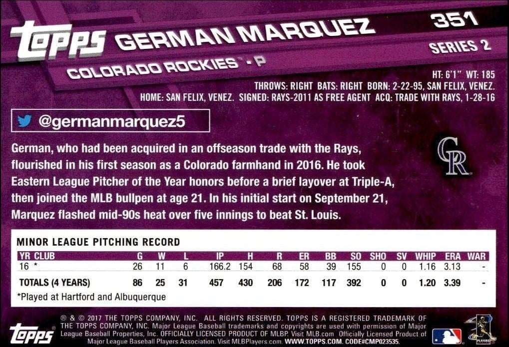 2017 Topps Series 2 German Marquez #351 baseball trading card back
