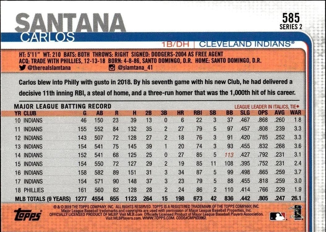 2019 Topps Series 2 Carlos Santana #585 baseball trading card back