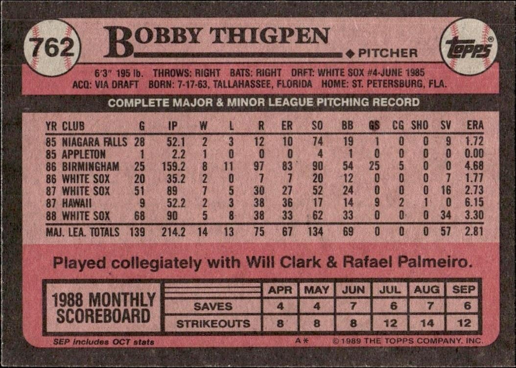 1989 Topps Bobby Thigpen #762 baseball trading card back