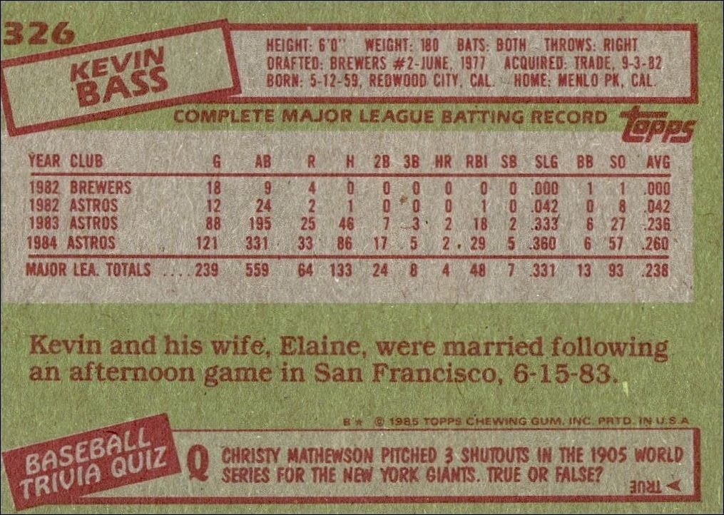 1985 Topps Kevin Bass #326 baseball trading card back