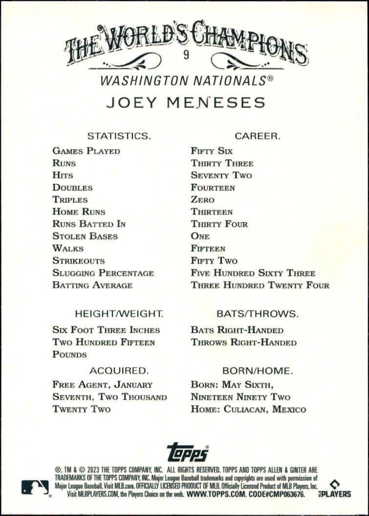 2023 Topps Allen & Ginter Joey Meneses #9 baseball trading card back