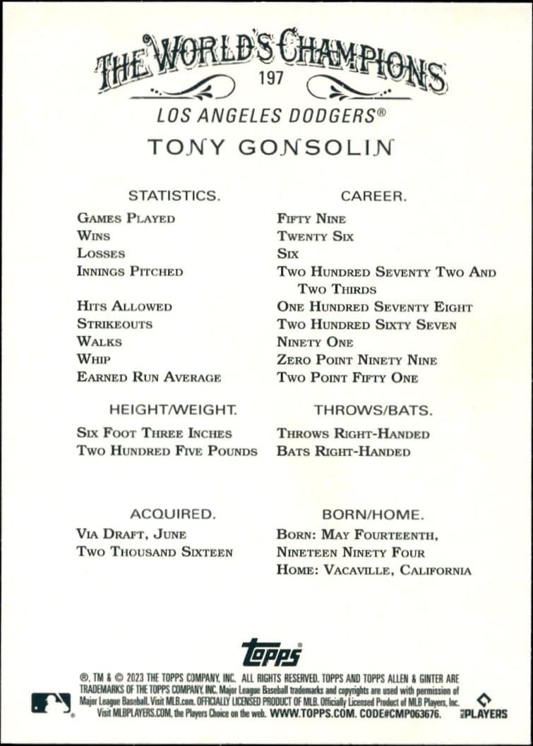2023 Topps Allen & Ginter Tony Gonsolin #197 baseball trading card back