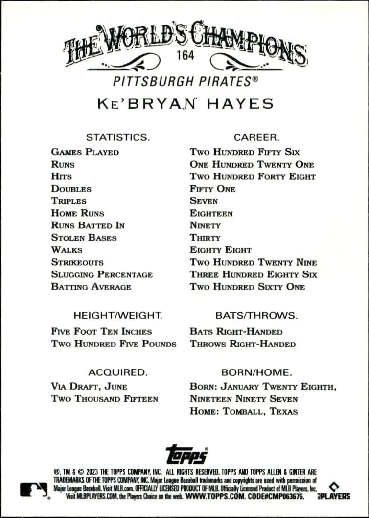 2023 Topps Allen & Ginter Ke'Bryan Hayes #164 baseball trading card back
