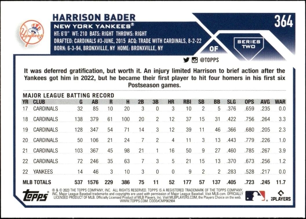 2023 Topps Series 2 Harrison Bader #364 baseball trading card back