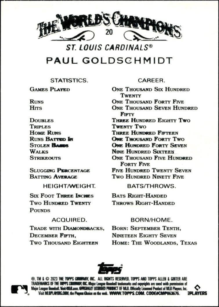 2023 Topps Allen & Ginter Paul Goldschmidt #20 baseball trading card back