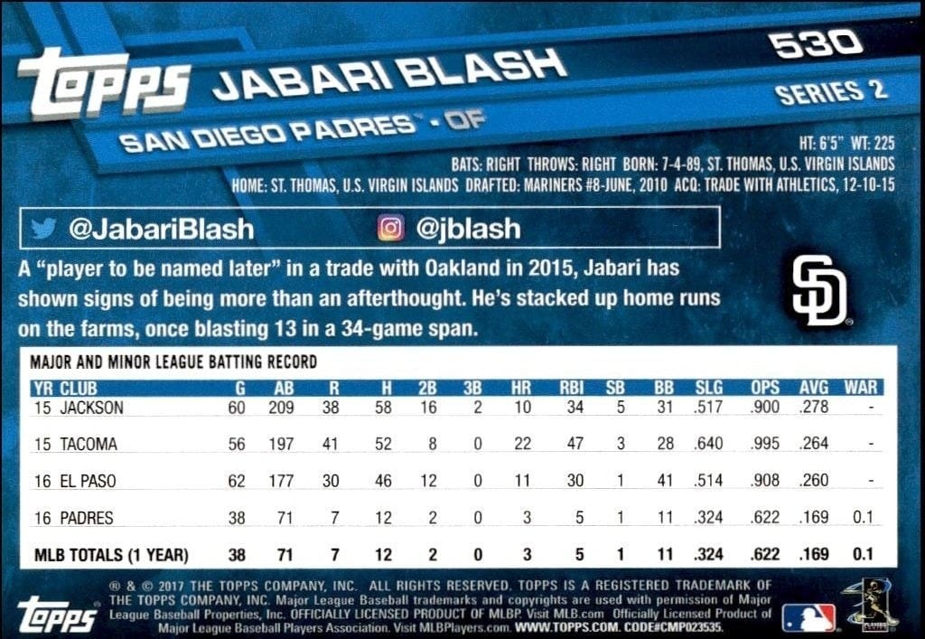 2017 Topps Series 2 Jabari Blash #530 baseball trading card back