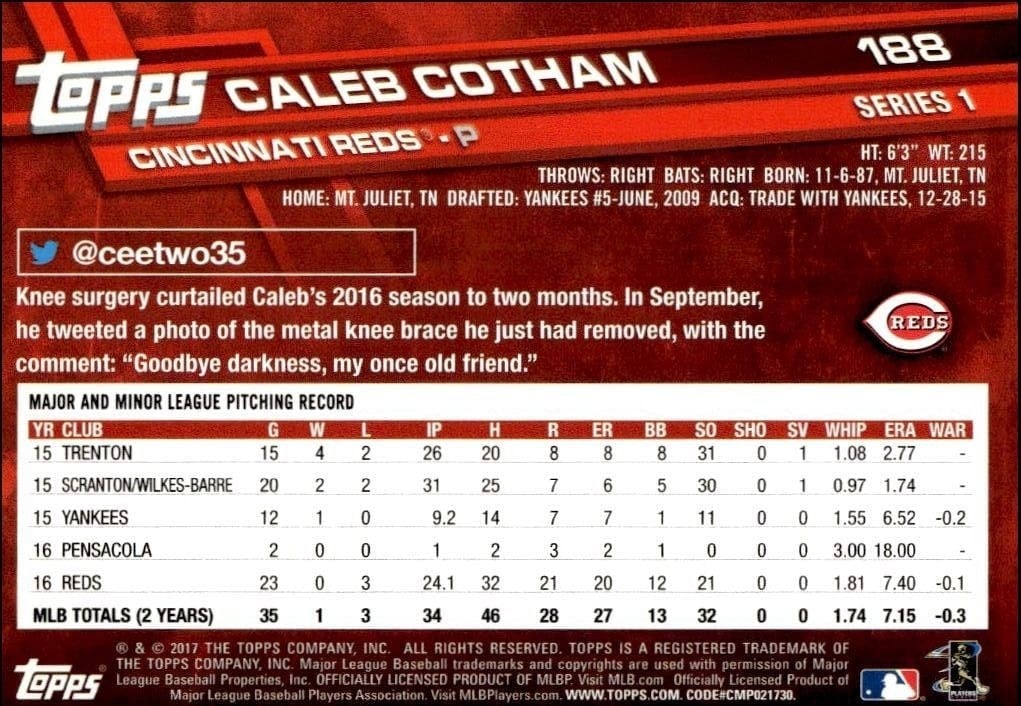 2017 Topps Caleb Cotham #188 baseball trading card back