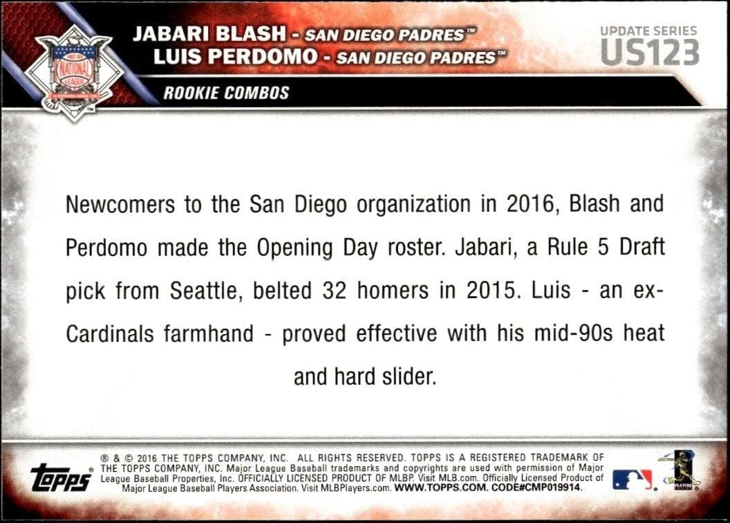 2016 Topps Update Series Jabari Blash #US123 baseball trading card back