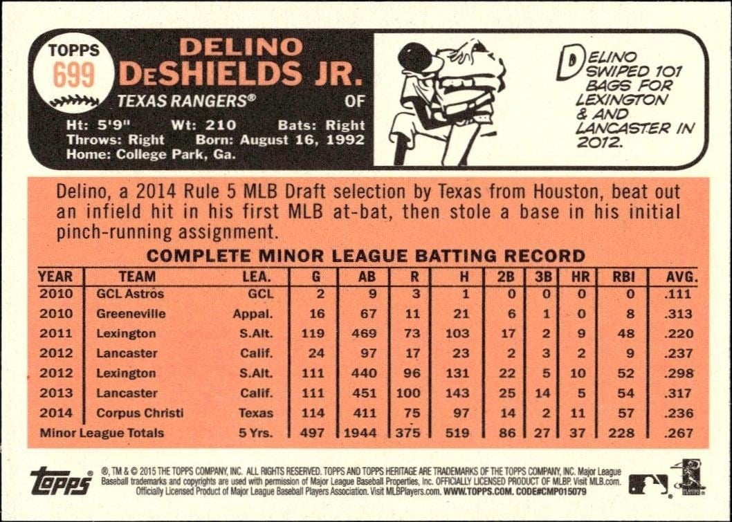 2015 Topps Heritage High Number Delino DeShields Jr. #699 baseball trading card back