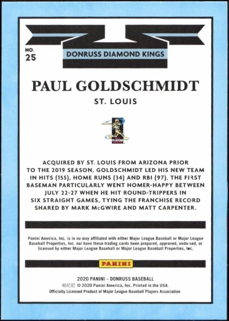 2020 Panini Donruss Paul Goldschmidt #25 baseball trading card back