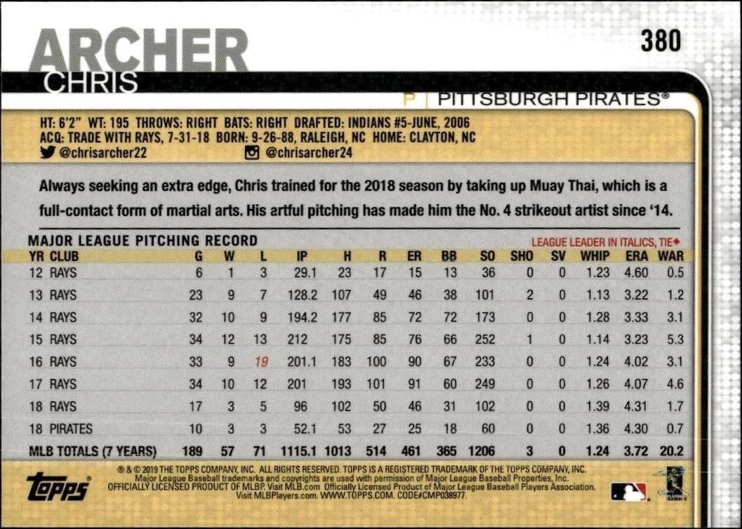 2019 Topps On Demand 3D Chris Archer #380 baseball trading card back