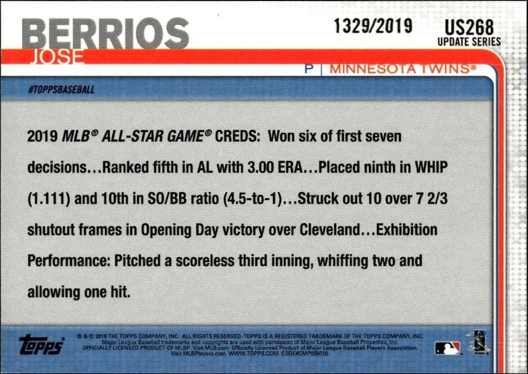 2019 Topps Update Series José Berríos #US268 baseball trading card back