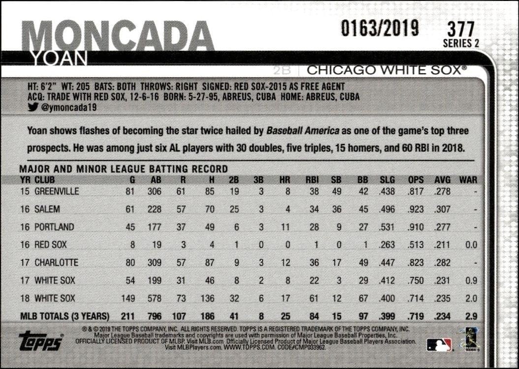 2019 Topps Yoan Moncada #377 baseball trading card back