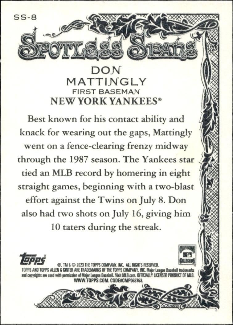 2023 Topps Allen & Ginter Don Mattingly #SS-8 baseball trading card back