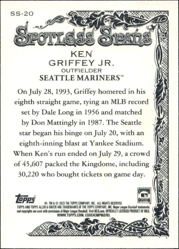 2023 Topps Allen & Ginter Ken Griffey Jr. #SS-20 baseball trading card back