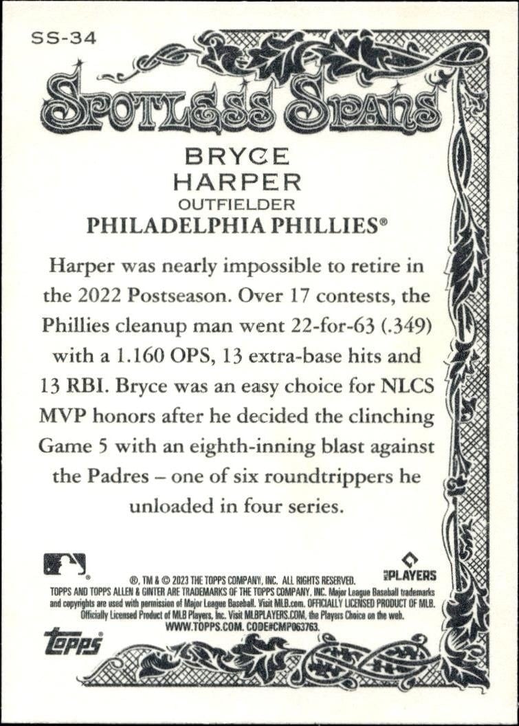 2023 Topps Allen & Ginter Bryce Harper #SS-34 baseball trading card back