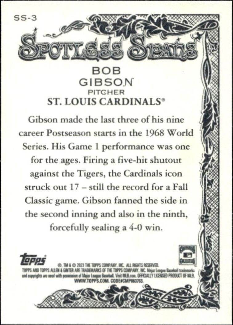 2023 Topps Allen & Ginter Bob Gibson #SS-3 baseball trading card back