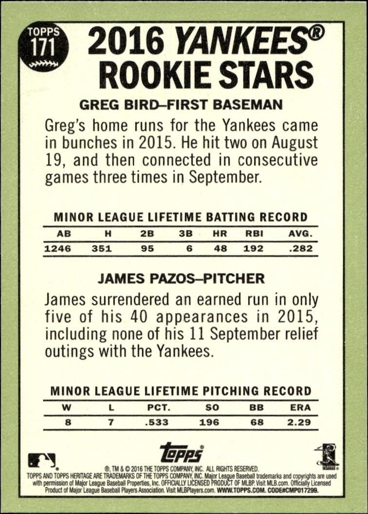 2016 Topps Heritage Greg Bird #171 baseball trading card back