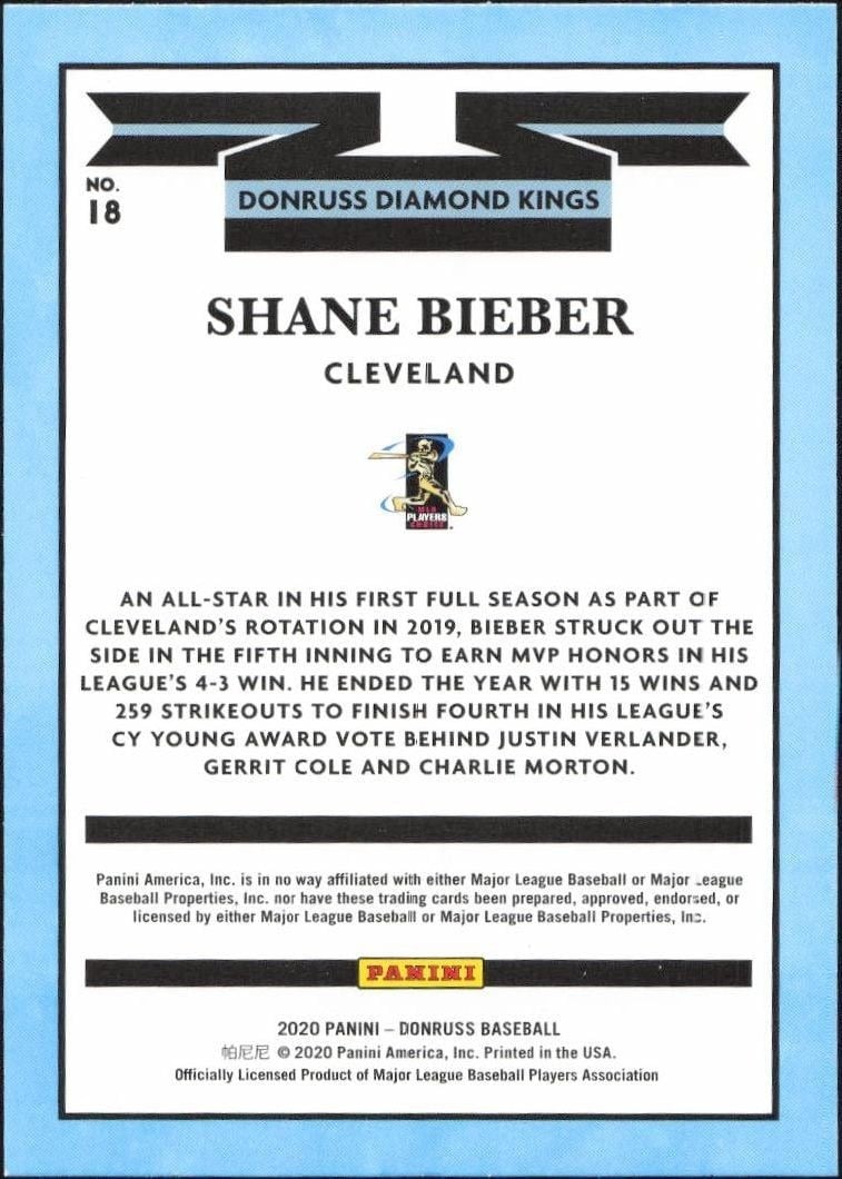 2020 Panini Donruss Shane Bieber #18 baseball trading card back