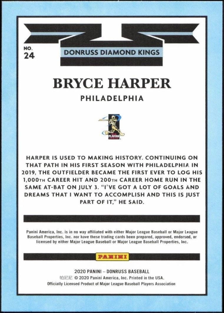 2020 Panini Donruss Bryce Harper #24 baseball trading card back