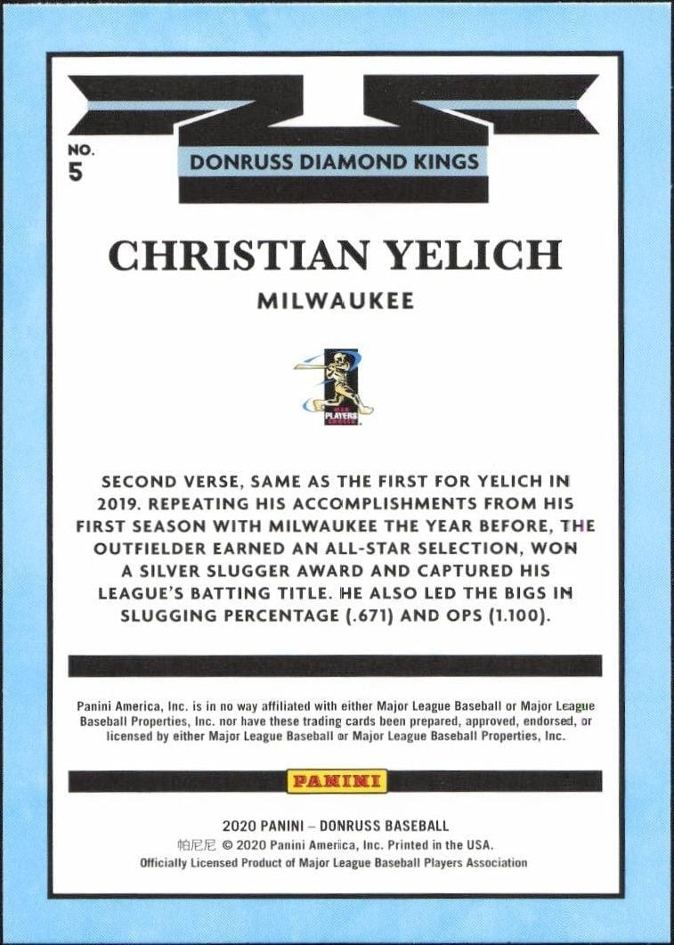 2020 Panini Donruss Christian Yelich #5 baseball trading card back