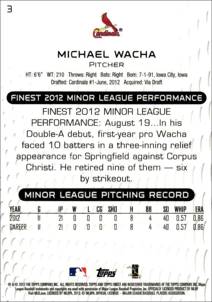 2013 Topps Finest Michael Wacha #3 baseball trading card back