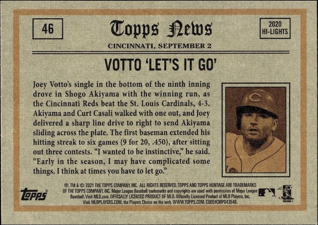 2021 Topps Heritage Joey Votto #46 baseball trading card back