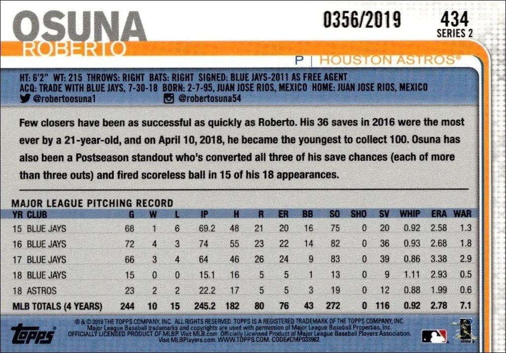 2019 Topps Series 2 Roberto Osuna #434 baseball trading card back