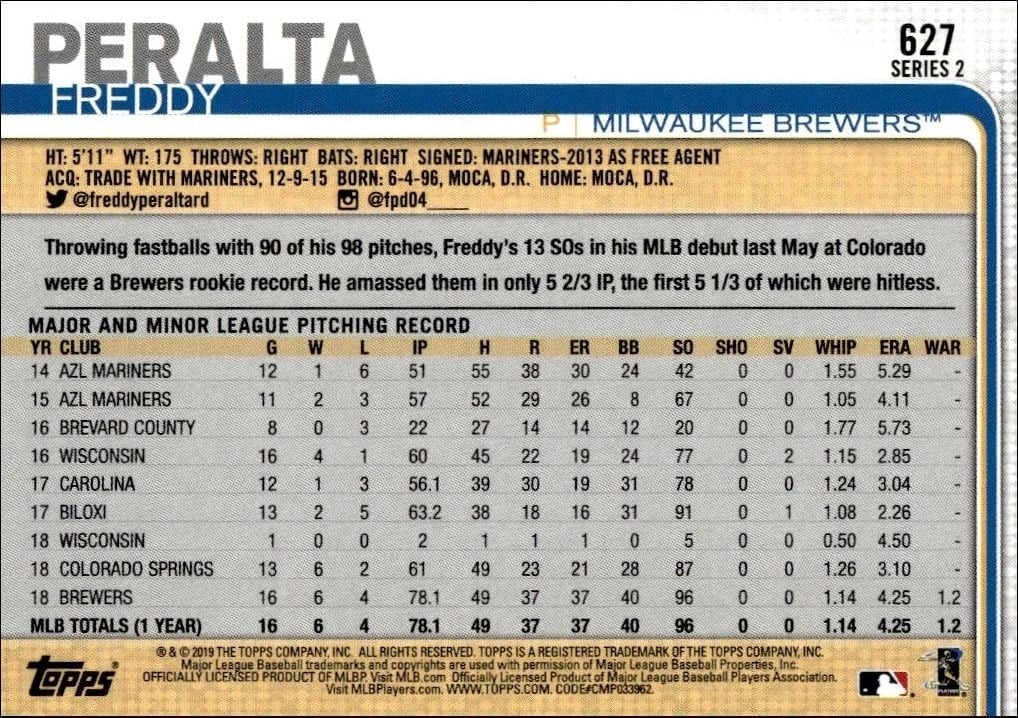 2019 Topps Series 2 Freddy Peralta #627 baseball trading card back