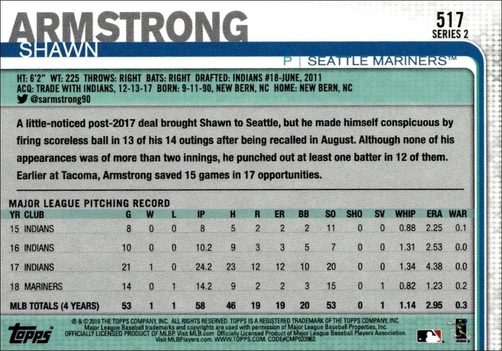 2019 Topps Series 2 Shawn Armstrong #517 baseball trading card back