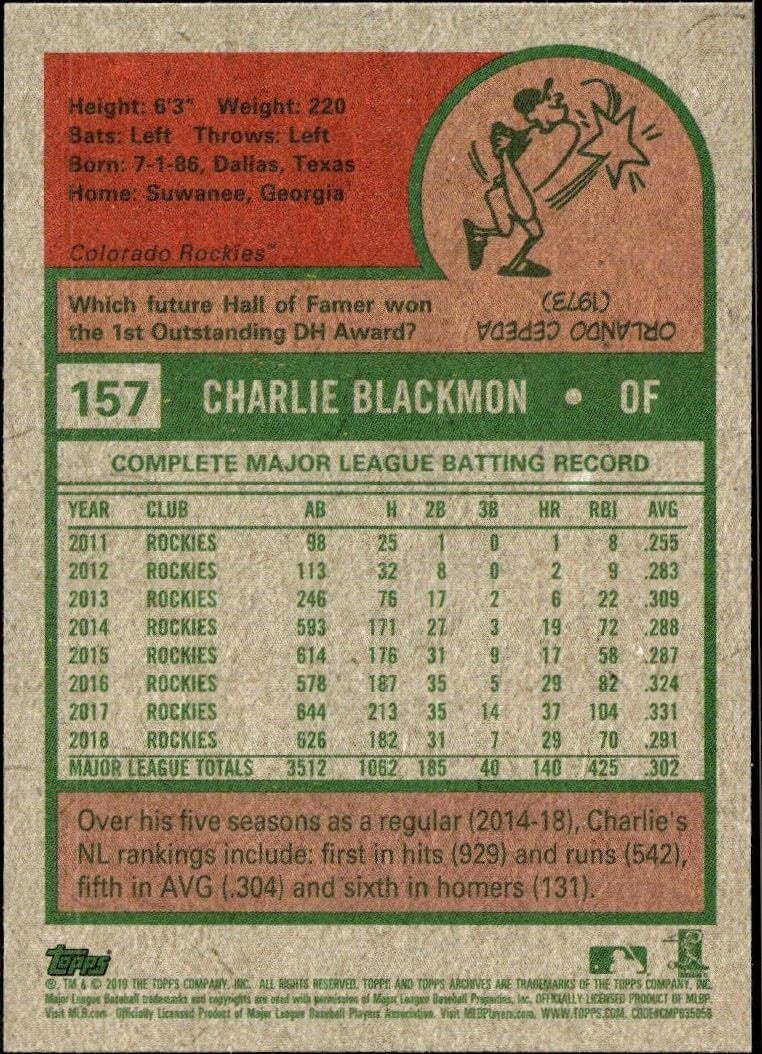 2019 Topps Archives Charlie Blackmon #157 baseball trading card back