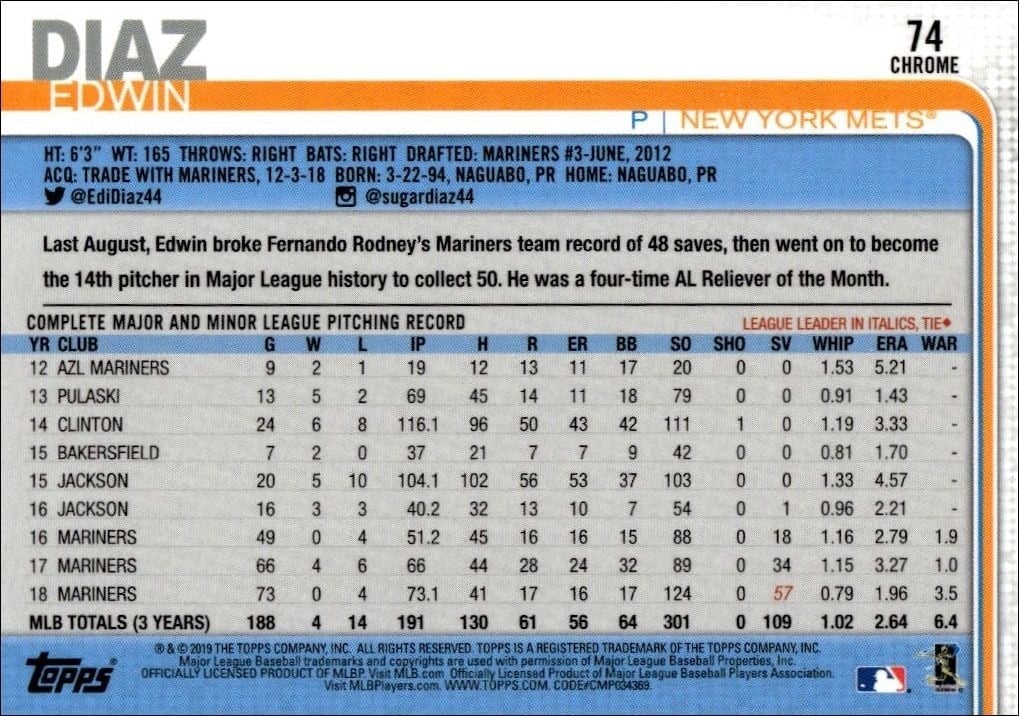 2019 Topps Chrome Edwin Diaz #74 baseball trading card back