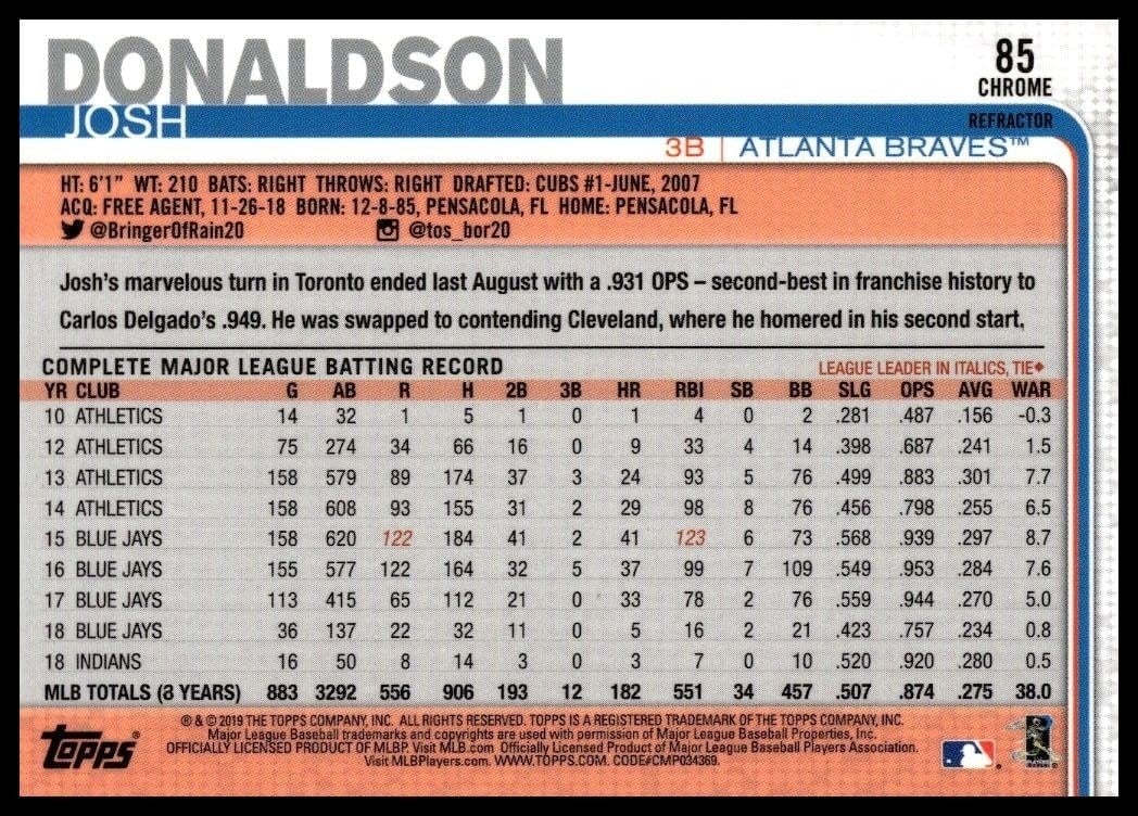 2019 Topps Chrome Josh Donaldson #85 baseball trading card back