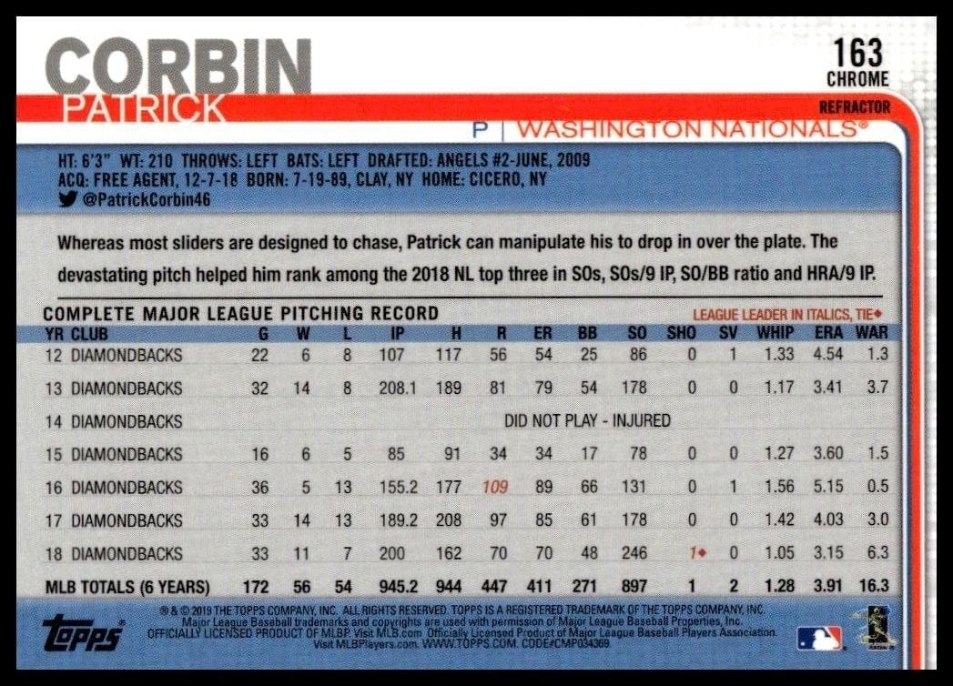 2019 Topps Chrome Patrick Corbin #163 baseball trading card back