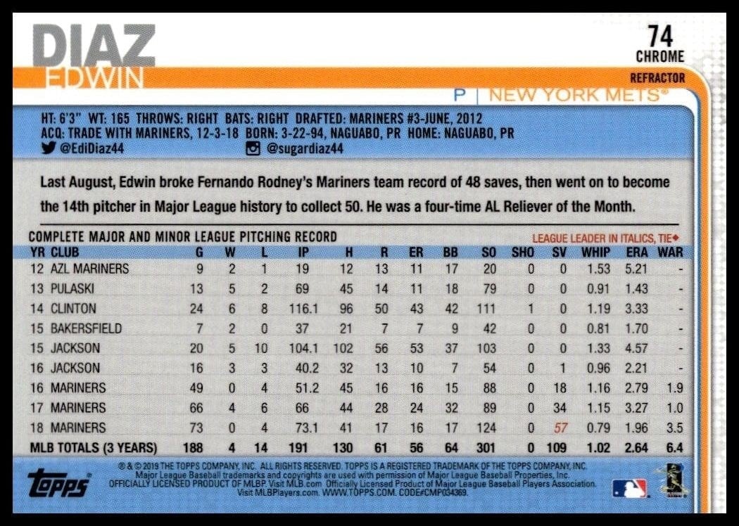 2019 Topps Chrome Edwin Diaz #74 baseball trading card back