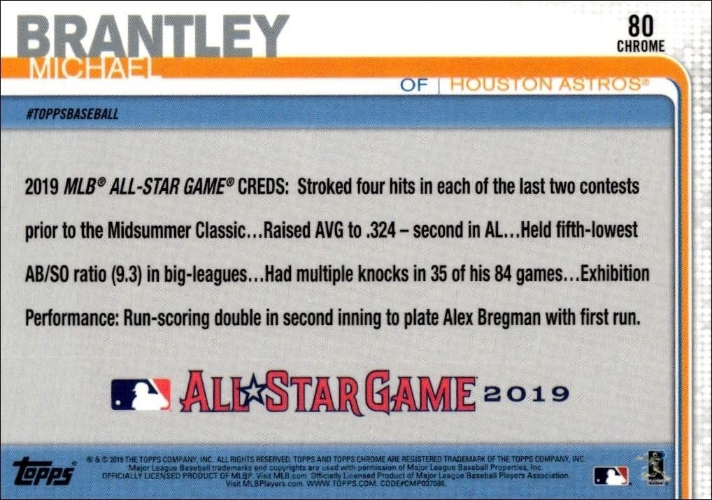 2019 Topps Chrome Michael Brantley #80 baseball trading card back