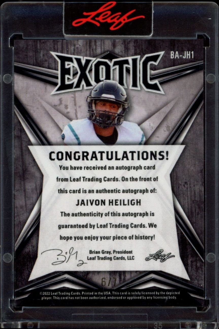 2022 Leaf Exotic Jaivon Heiligh #BA-JH1 football trading card back