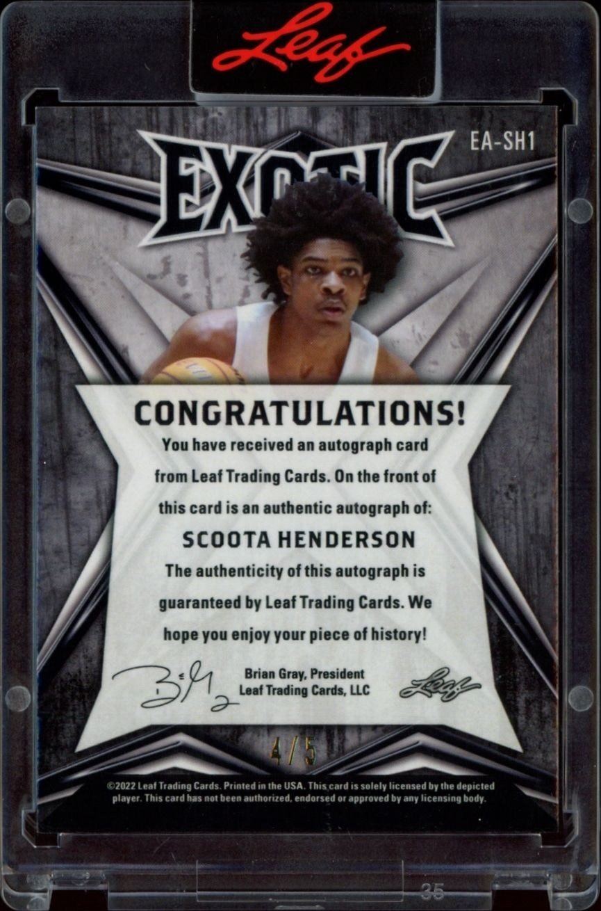 2022-23 Leaf Exotic Scoot Henderson #EA-SH1 basketball trading card back